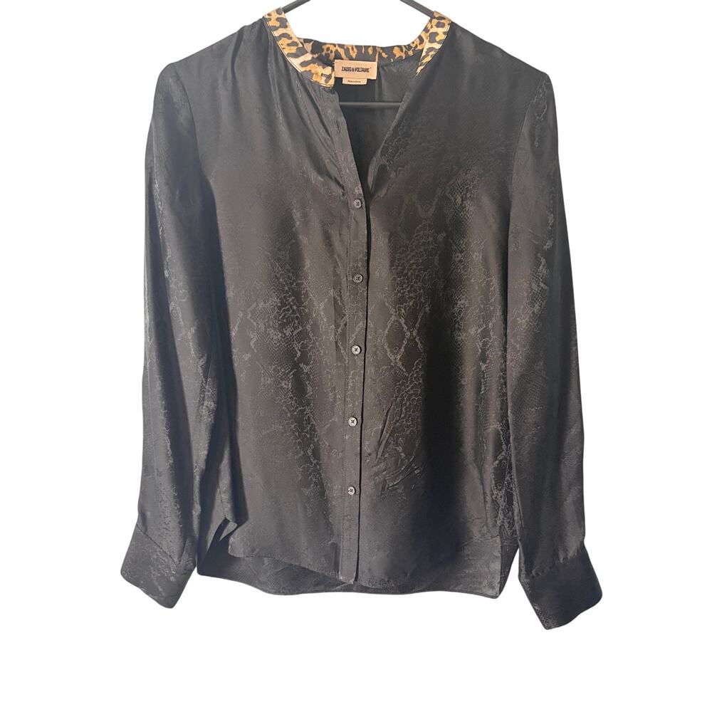 Zadig &‎ Voltaire Black Snake Print Silk Blouse Leopard Trim XS Button Front